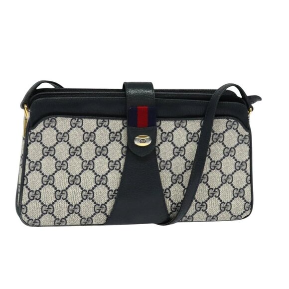 GUCCI GG Supreme Sherry Line Shoulder Bag PVC Navy Gold - Picture 1 of 14